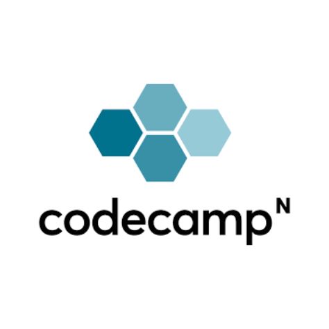 Ein Logo für ein Unternehmen namens Codecamp mit einem blauen Sechseck auf weißem Hintergrund.