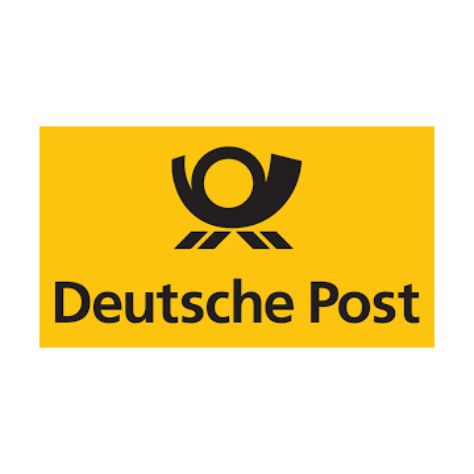 Logo der Deutschen Post: Gelbes Rechteck mit schwarzem Posthorn und dem Text „Deutsche Post“.