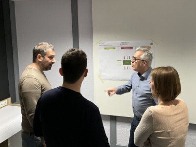 Eine Gruppe von Leuten steht in einem Raum um ein Whiteboard herum.