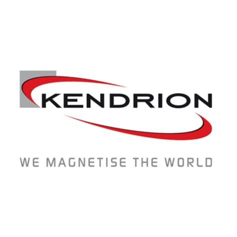 Kendrion-Logo mit rotem Swoosh und Slogan „We Magnetise the World“.