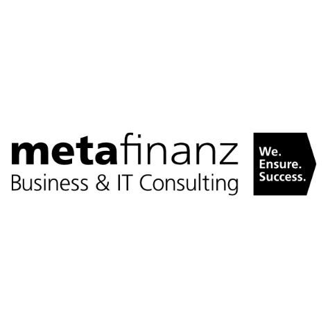 Ein schwarz-weißes Logo für Metafinanz Business und IT Consulting.