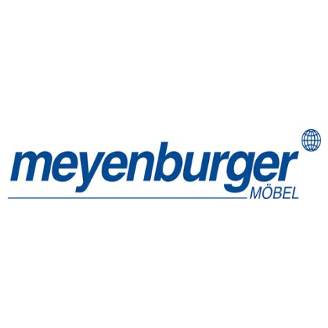 Das Logo von Meyenburger Möbel ist blau und weiß auf weißem Hintergrund.