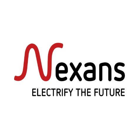Das Logo von Nexans ist rot und schwarz und sagt „Elektrifizieren Sie die Zukunft“.