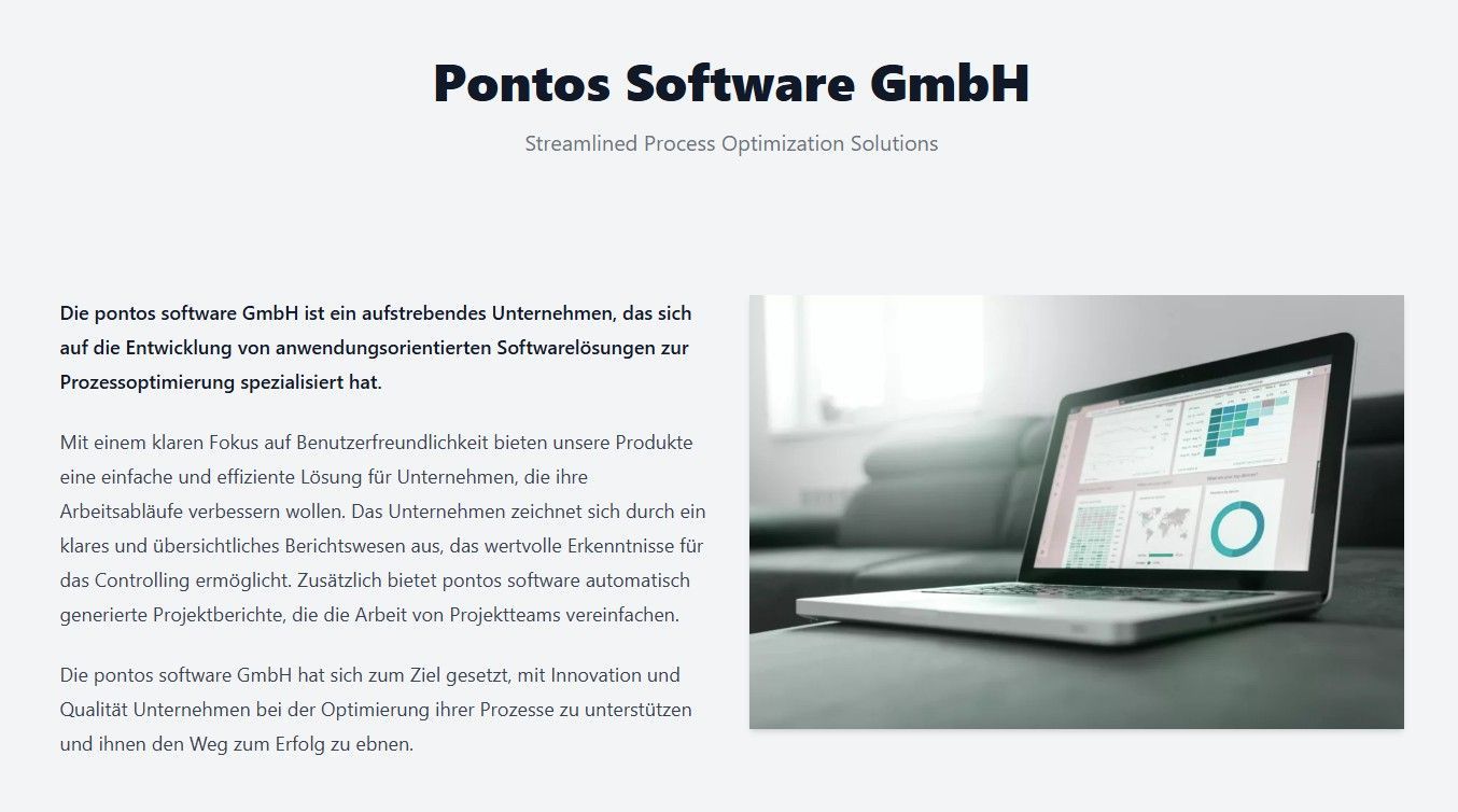 Laptop displaying graphs next to text about Pontos Software GmbH, German company.