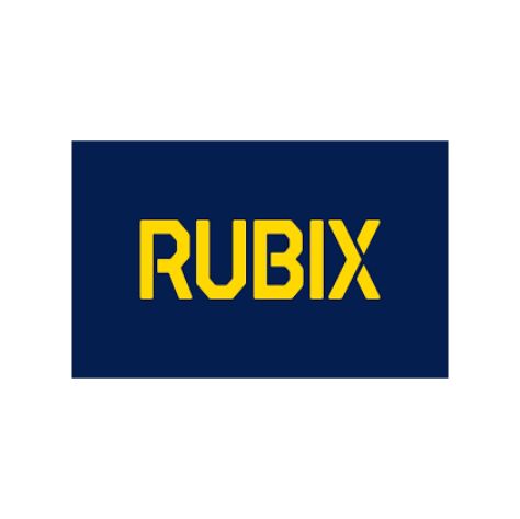 Ein blau-gelbes Logo für Rubix auf weißem Hintergrund.