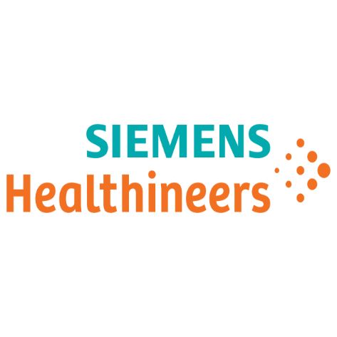 Logo von Siemens Healthineers: blaugrünes „SIEMENS“ über orangefarbenem „Healthineers“, orangefarbene Punkte auf der rechten Seite.