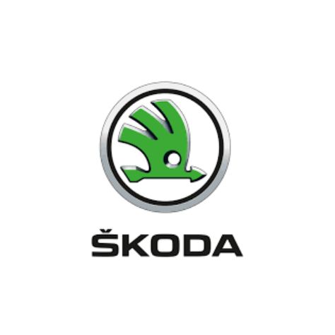 Ein Skoda-Logo mit einer grünen Hand in einem Kreis auf weißem Hintergrund.