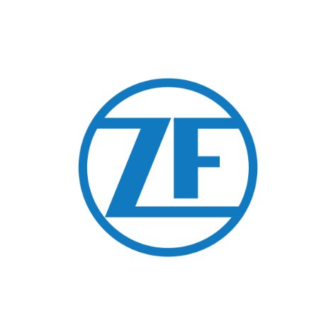 Ein blau-weißes ZF-Logo in einem Kreis auf weißem Hintergrund.