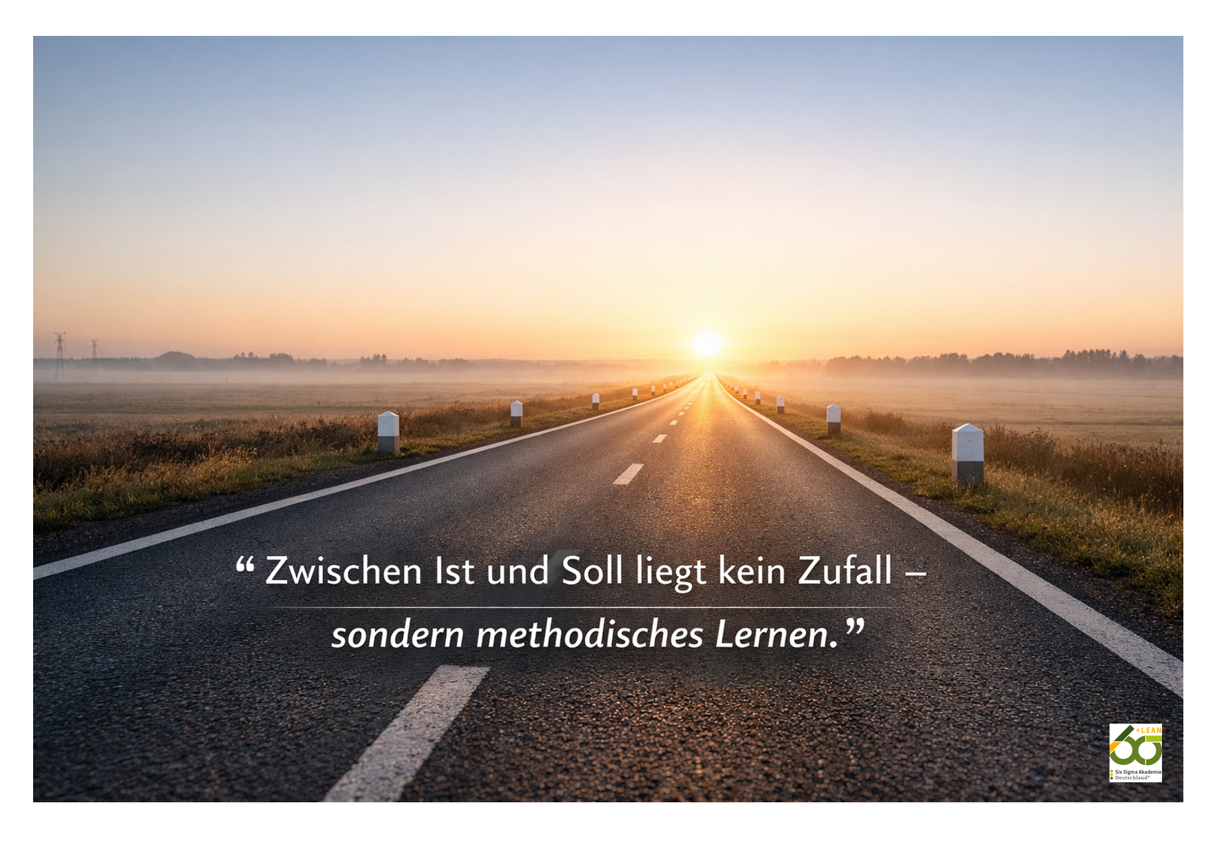 Road to a bright sunset with text: 