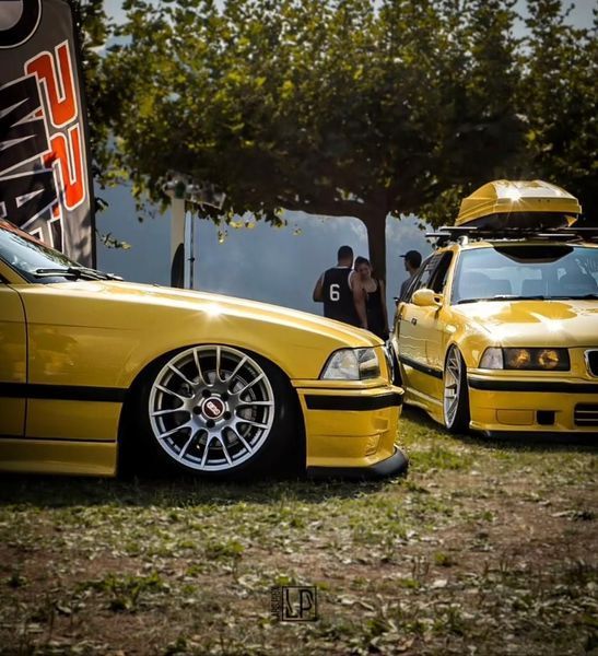 Zwei gelbe Autos stehen nebeneinander im Gras