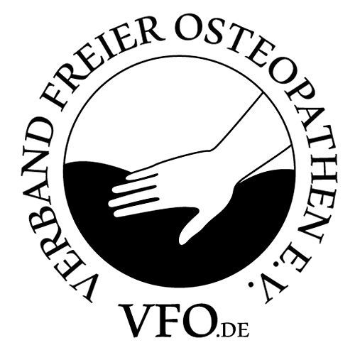 Kreisförmiges Logo der Verbandes Freier Osteopathen e.V. mit einer Hand, die auf einem Rücken liegt