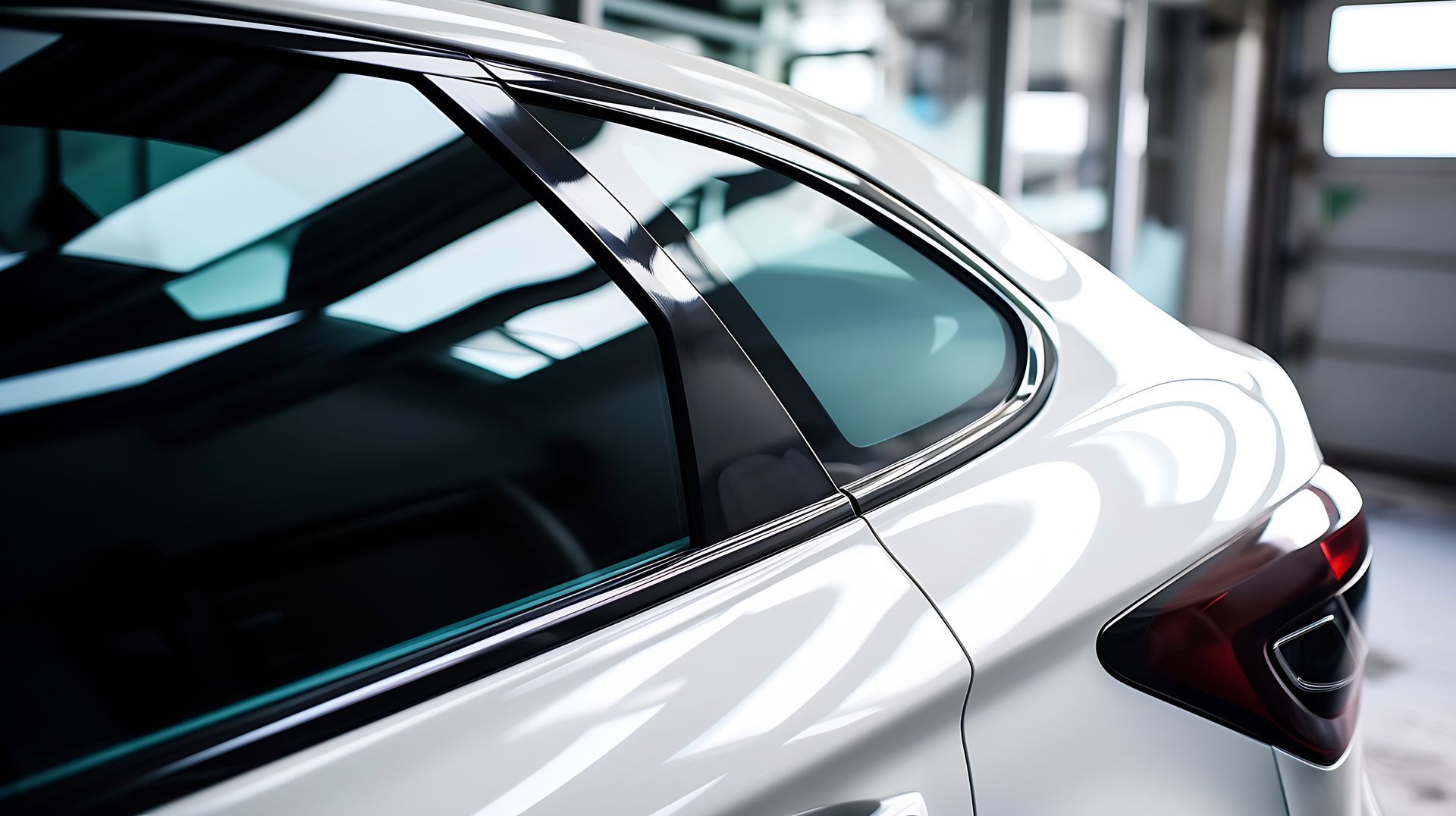 Voiture blanche aux vitres teintées dans un garage.