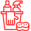 Un icono de línea roja de un balde lleno de productos de limpieza.