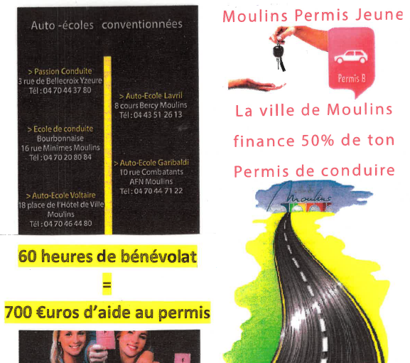 Affiche informant les gens que pour 60h de bénévolat, ils peuvent bénéficier de 700€ d'aides pour le permis de conduire