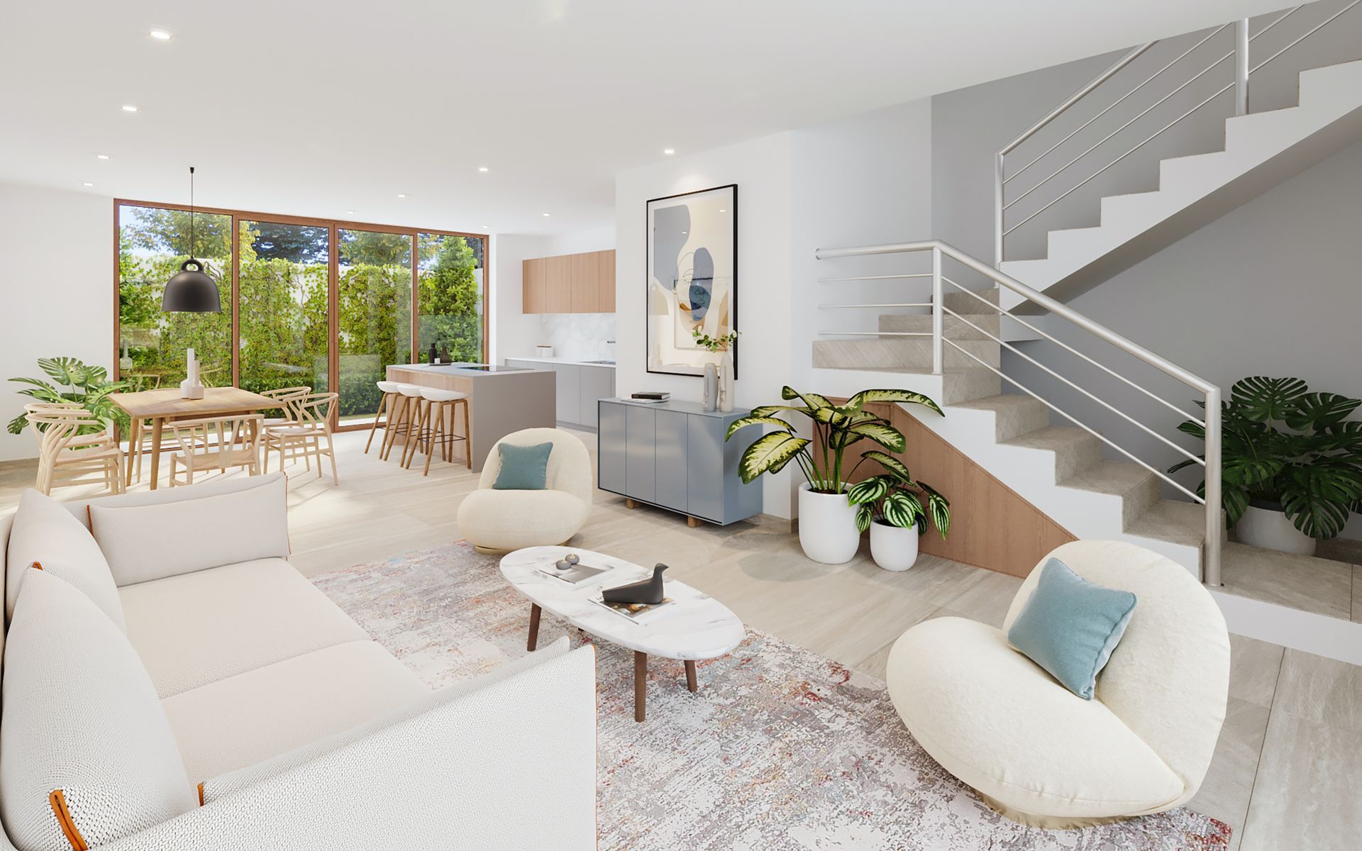 Un salon moderne et lumineux comprenant un canapé blanc, deux fauteuils arrondis couleur crème