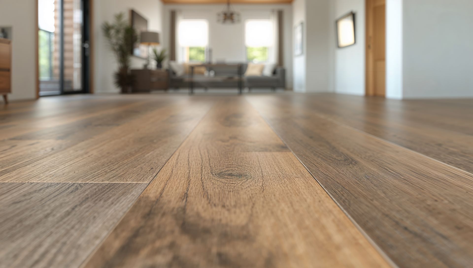 Vue en contre-plongée d'un parquet ensoleillé menant à un salon lumineux et non meublé