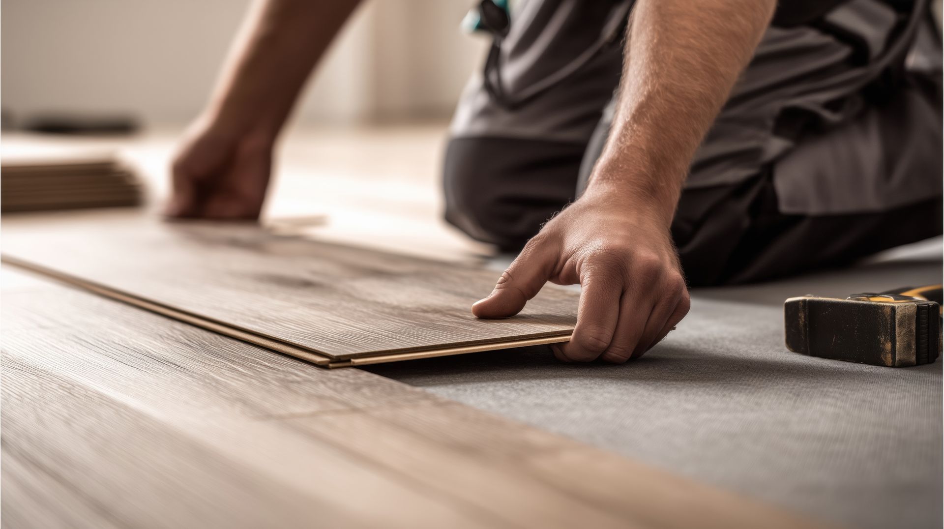 Des mains alignent une planche de parquet sur un établi, un mètre ruban à proximité.