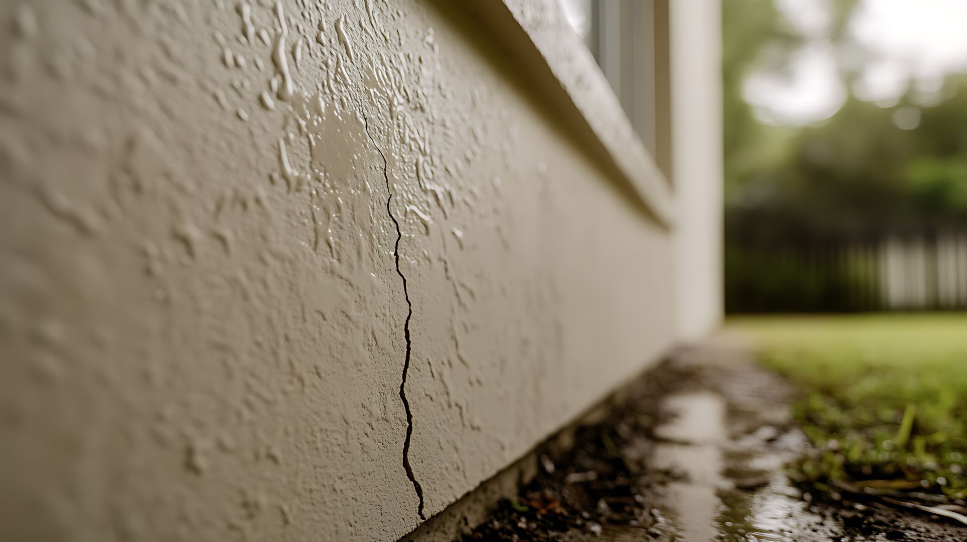 Une fissure verticale dans un mur extérieur en stuc beige