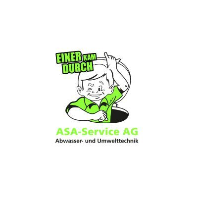 Logo für ASA-Service AG, mit einer Comicfigur, die mit einem grünen Hemd aus einem Abflussrohr kommt, Text 
