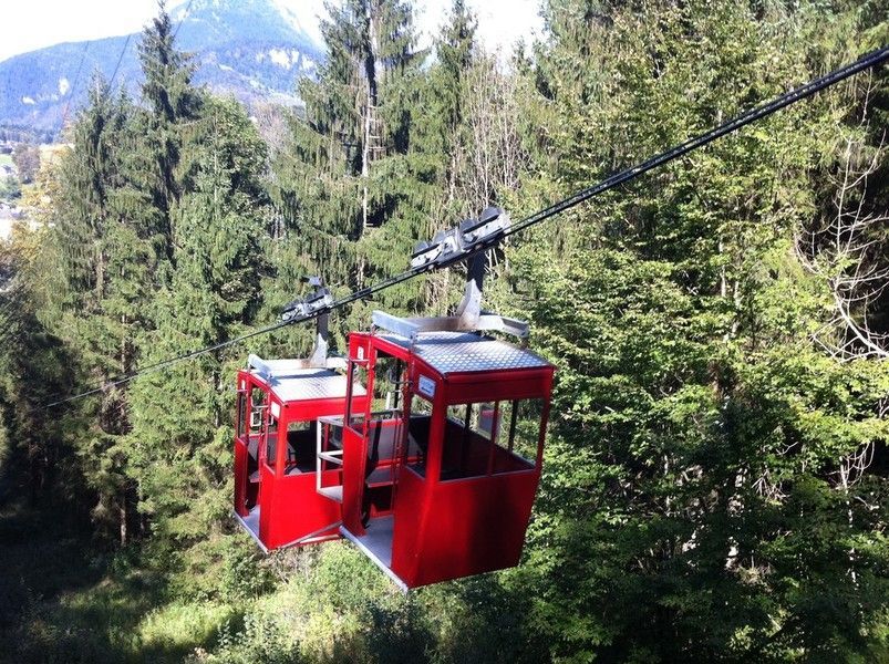 Eine rote Seilbahngondel gleitet über einen bewaldeten Berghang