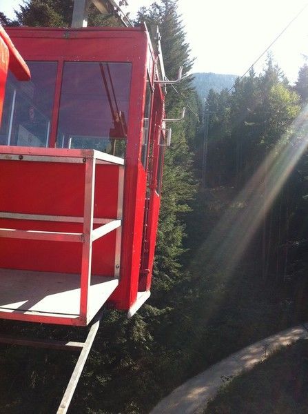 Rote Seilbahn an einem Berghang, im Hintergrund sonnenbeschienener Wald und Hügel.