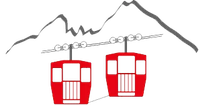 Zwei rote Seilbahnen auf Bergschienen vor dem Hintergrund grauer Gipfel.