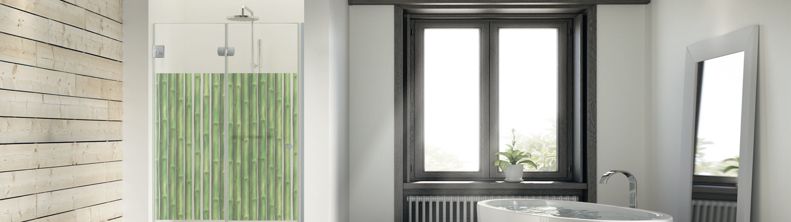 Un baño con ducha, lavabo, espejo y ventana.