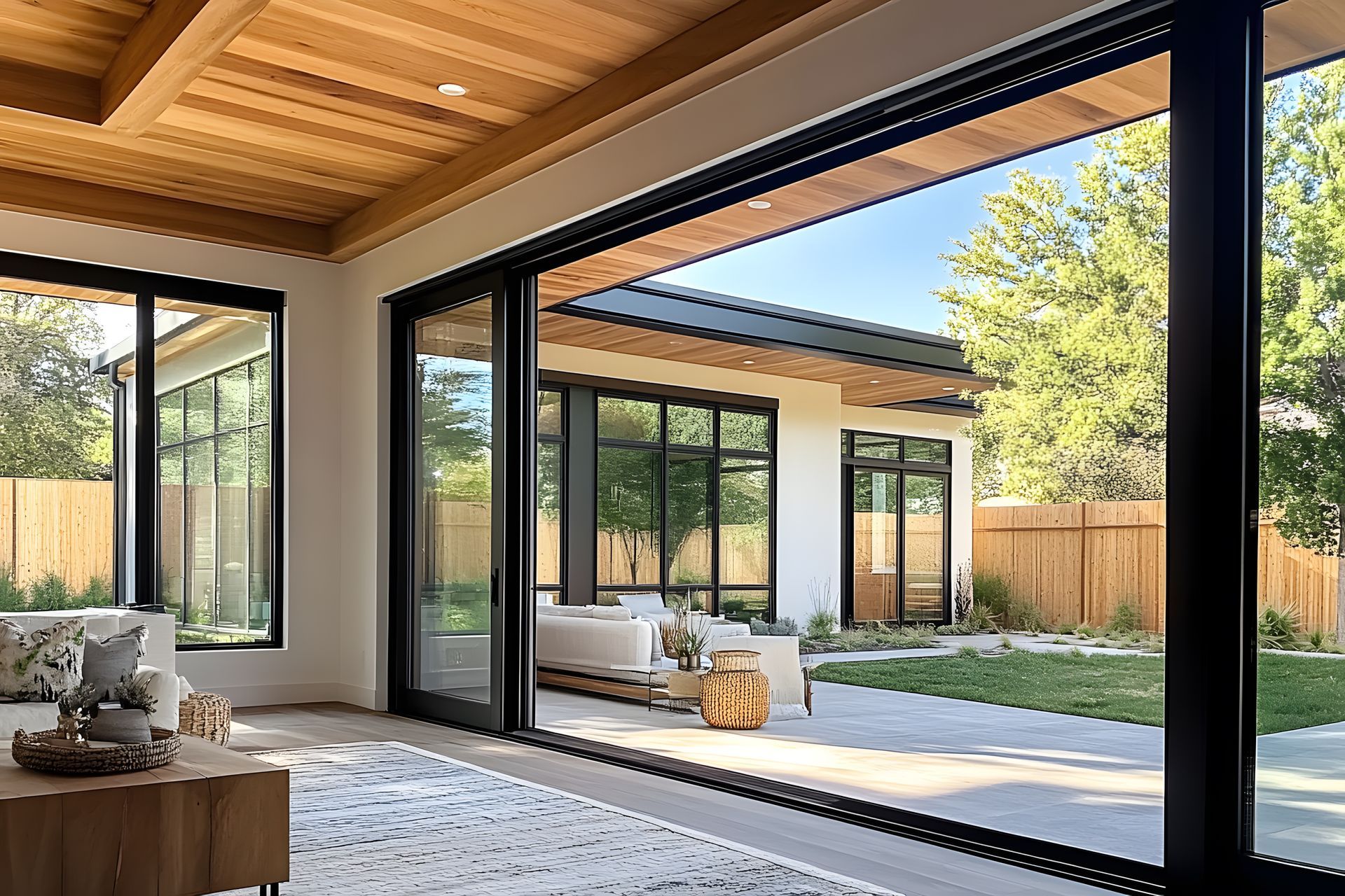 Salon moderne intérieur-extérieur s'ouvrant sur un patio avec des portes vitrées à cadre noir et un plafond en bois.