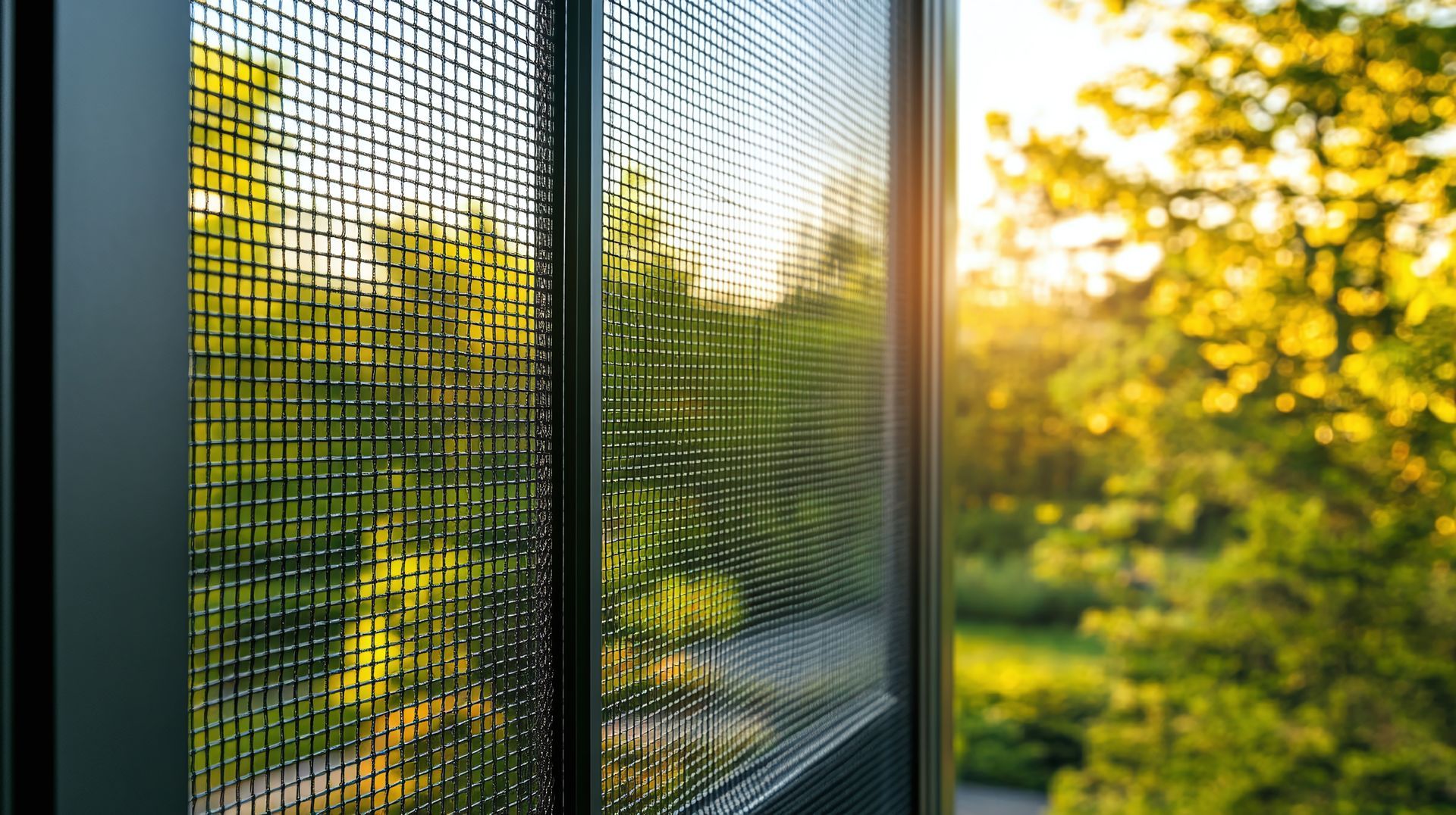 Gros plan sur une moustiquaire donnant sur des arbres verts baignés de soleil et une chaude lumière dorée à l'extérieur