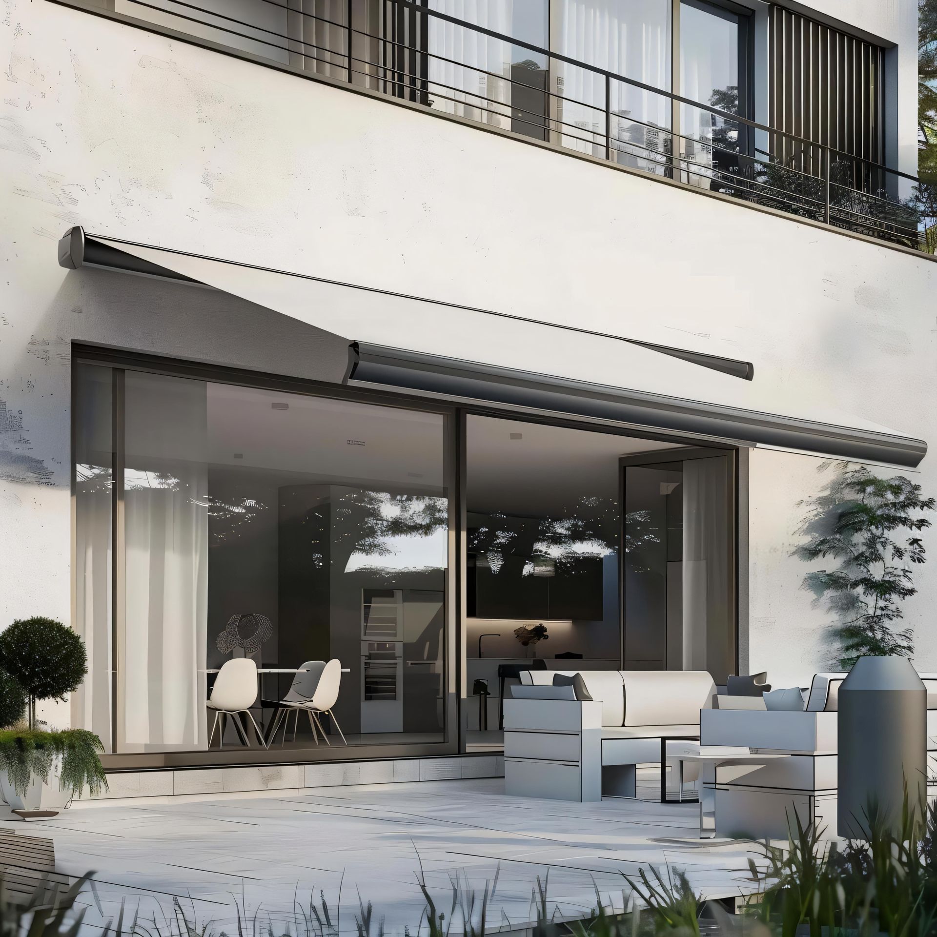 Patio blanc moderne avec sièges extérieurs sous un auvent rétractable et de grandes portes vitrées, dans une cour élégante.
