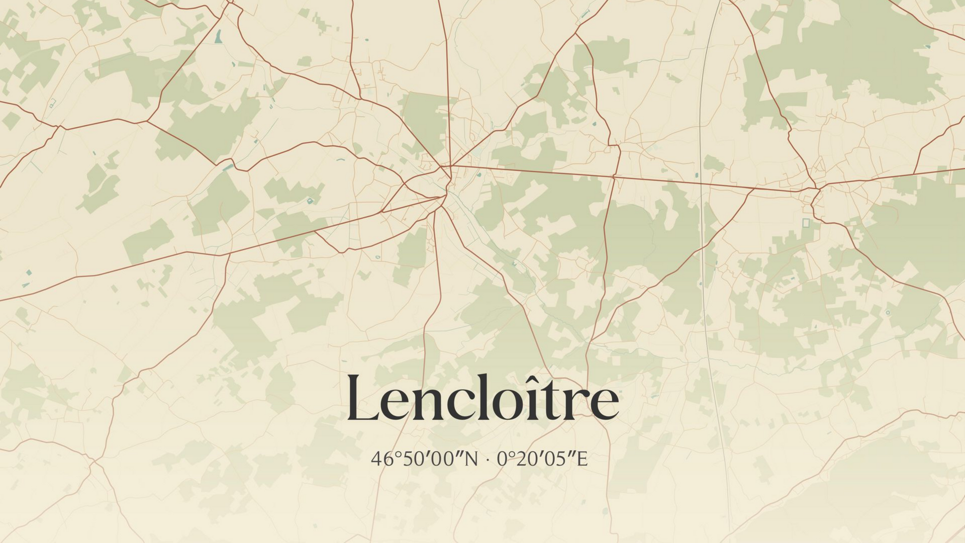 Carte centrée sur Lencloître en France, avec les routes et les espaces verts environnants.