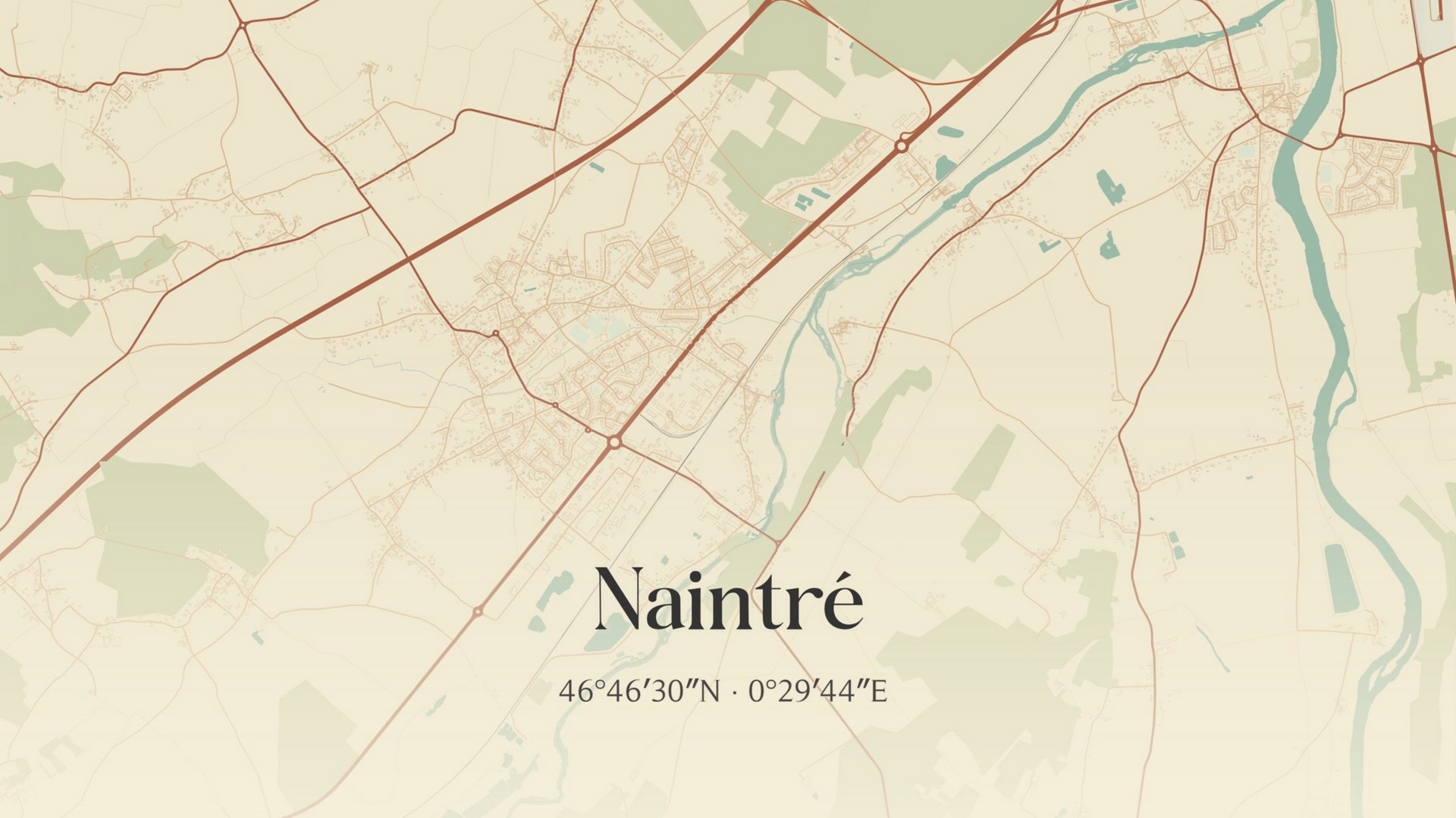 Carte topographique centrée sur Naintré, avec routes, rivières et contours de terrain peu marqués.