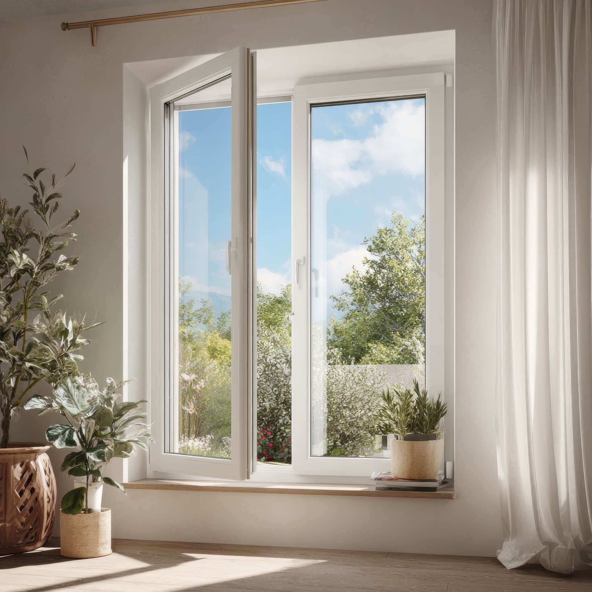 Fenêtre blanche ouverte donnant sur un ciel bleu et des arbres, rideaux légers et plantes en pot sur le rebord.