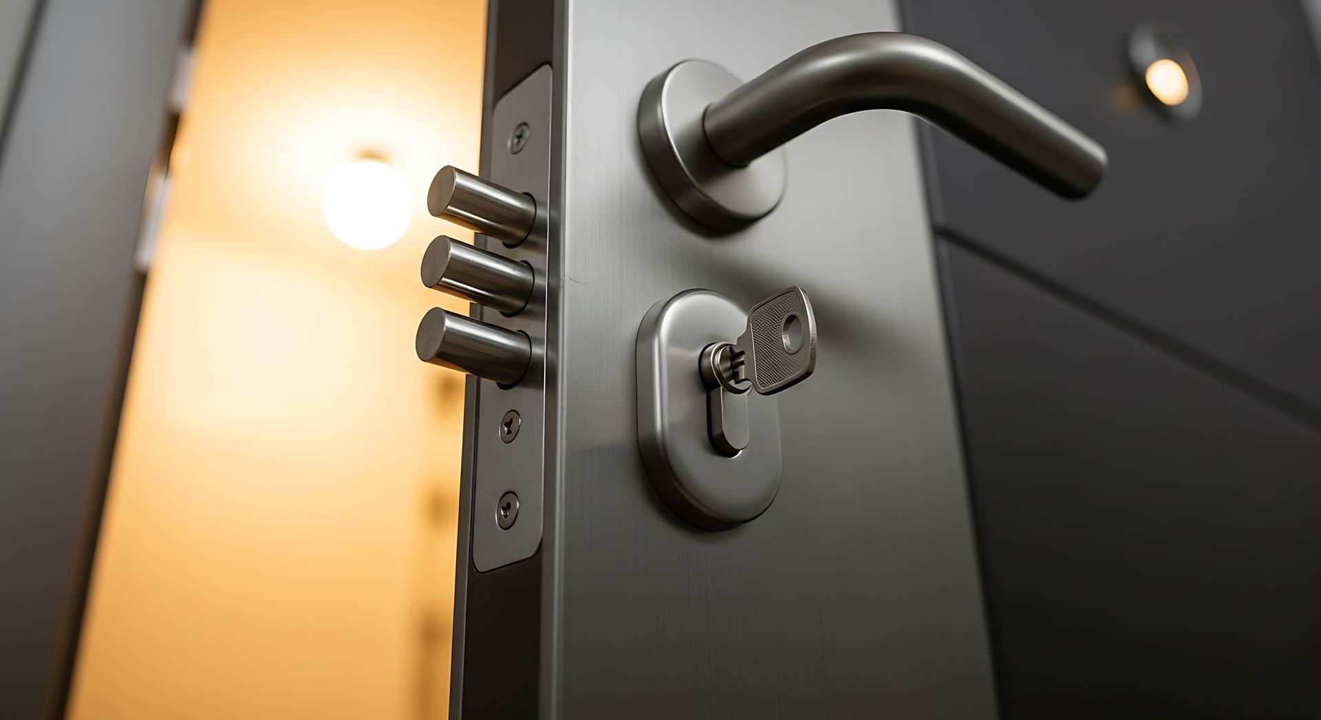 Gros plan sur une poignée et une serrure grises d'une porte entrouverte, laissant filtrer une lumière par l'entrebâillement.