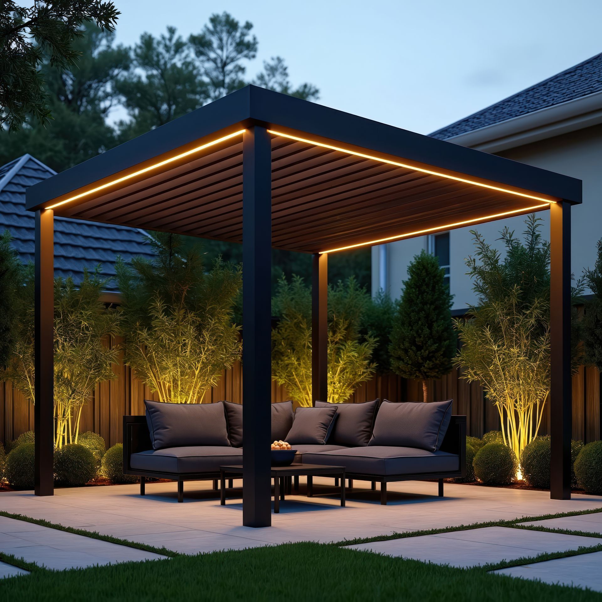Patio moderne dans une cour arrière avec une pergola éclairée, un canapé d'angle et de la verdure aménagée au crépuscule