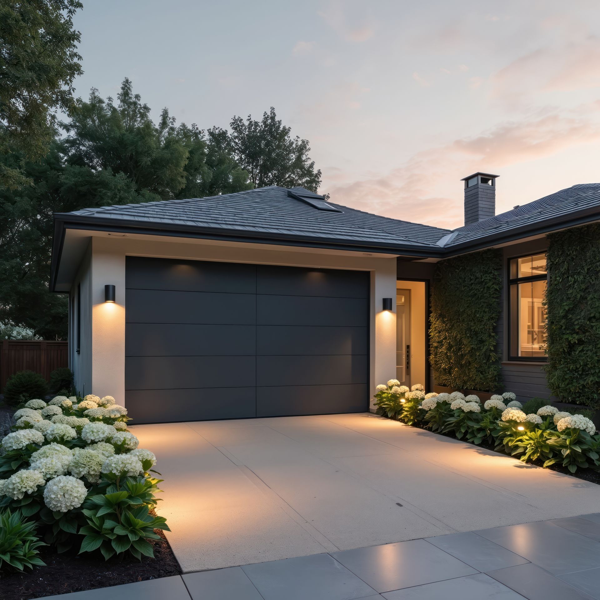 Extérieur d'une maison moderne au crépuscule, avec garage éclairé, allée en pierre et hortensias blancs le long du chemin.