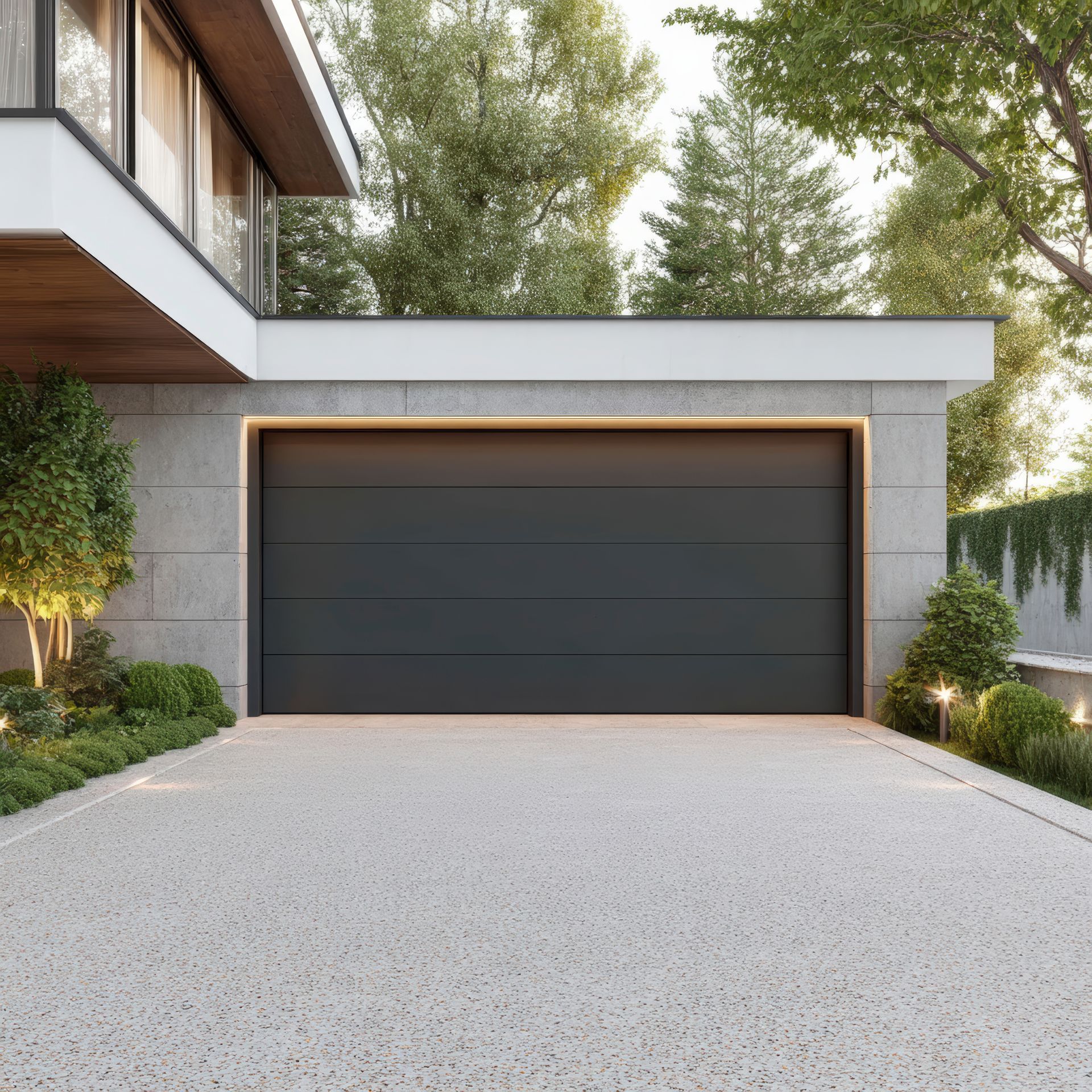 Extérieur d'une maison moderne avec une porte de garage foncée, une allée en béton et des arbres en arrière-plan.
