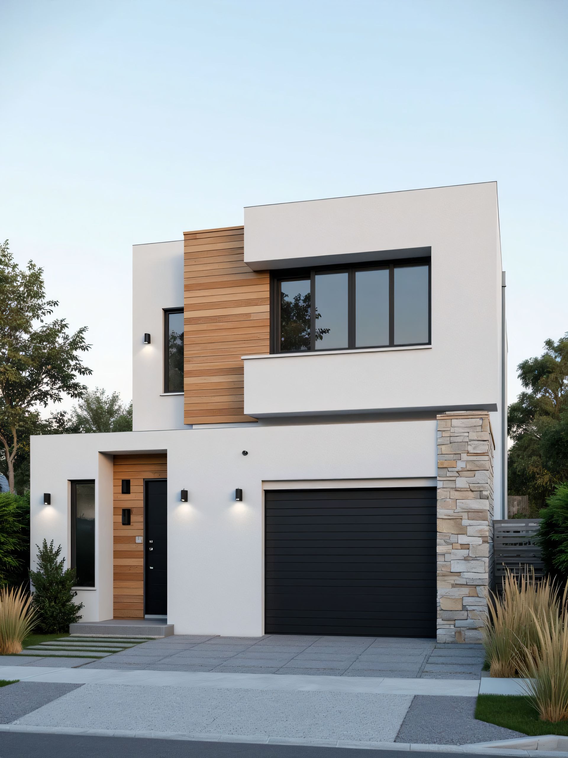 Maison de deux étages avec du bois et de la pierre, une porte de garage noire et un petit jardin verdoyant.