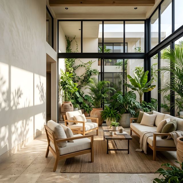 Patio moderne et ensoleillé avec chaises crème, canapé, table basse et plantes d'intérieur/extérieur luxuriantes.