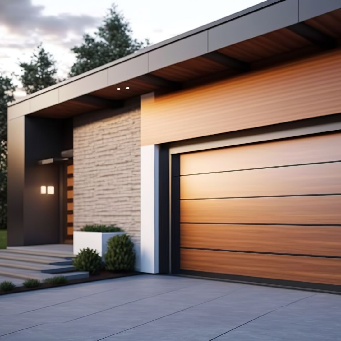 Extérieur de maison moderne avec façade en pierre, porte de garage en bois et entrée principale minimaliste au crépuscule.