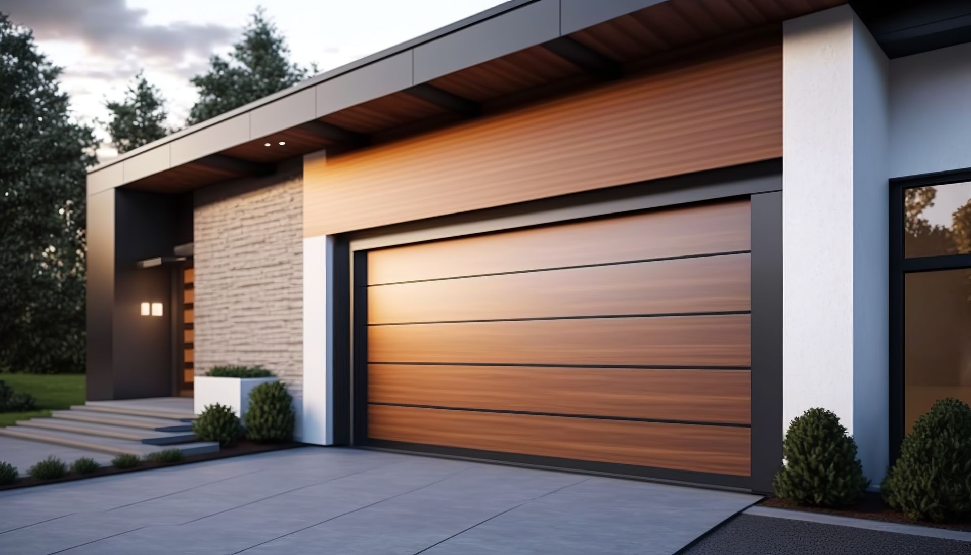 Extérieur d'une maison moderne avec une grande porte de garage en bois et une allée paysagée au crépuscule.
