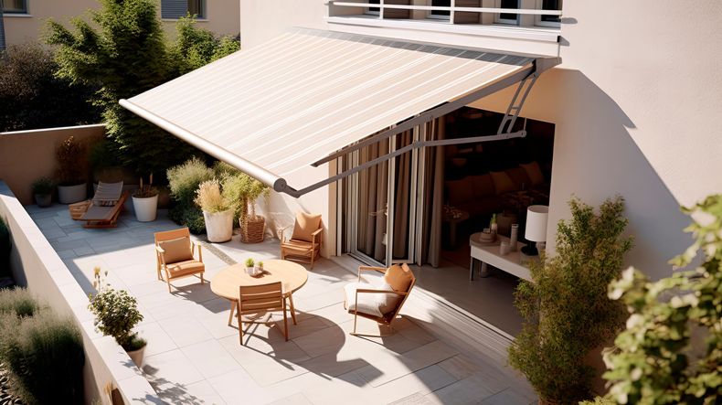 Patio ensoleillé avec auvent blanc, chaises en osier, plantes en pot et portes coulissantes ouvertes sur une maison.