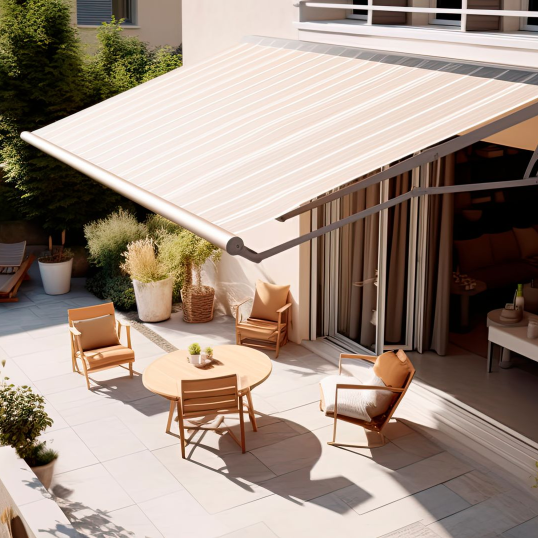 Terrasse avec un auvent crème, des chaises en bois et une petite table baignée de soleil.