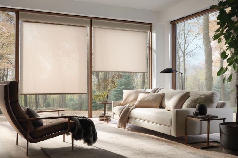 Salon moderne avec canapé beige, fauteuil, lampadaire et grandes fenêtres laissant entrer la lumière naturelle.