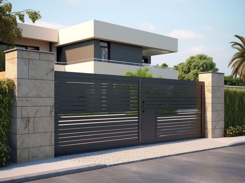 Maison moderne avec portail en métal gris foncé et piliers en pierre, située dans une rue calme.