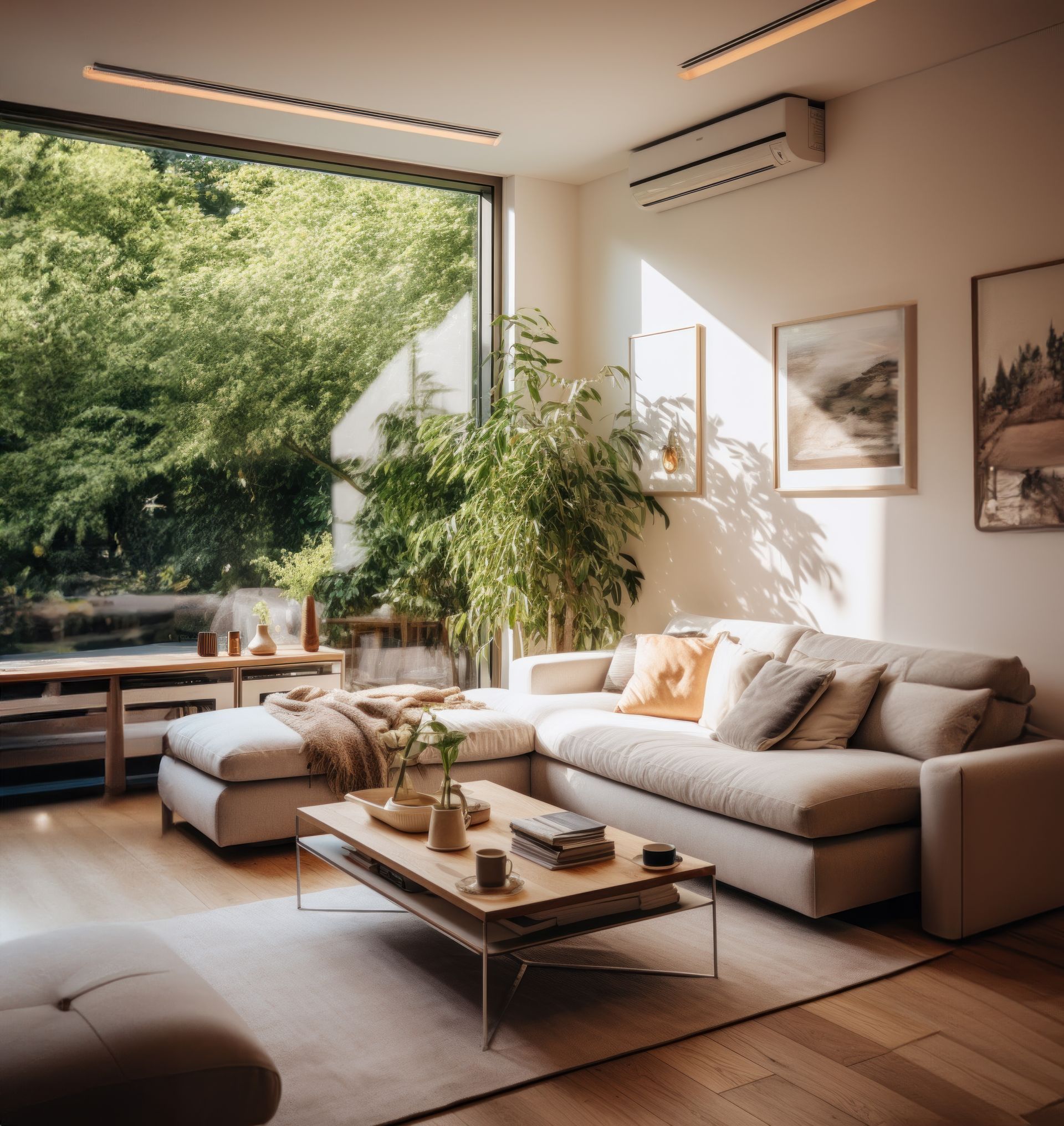 Salon moderne et lumineux avec canapé beige, table basse, plantes d'intérieur et grande fenêtre donnant sur le jardin.