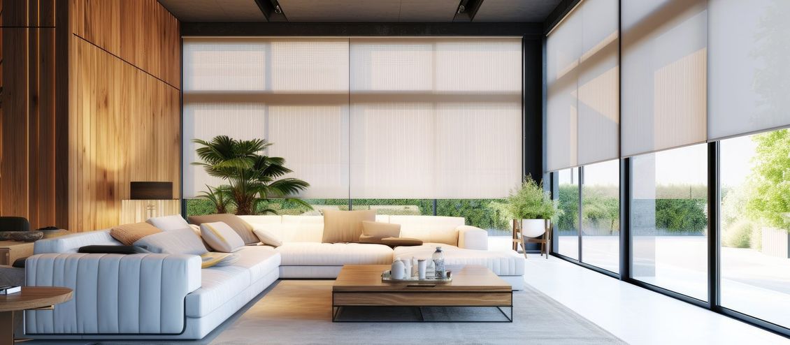 Salon moderne et minimaliste avec de grandes fenêtres, des murs en bois, un canapé crème et une table basse.