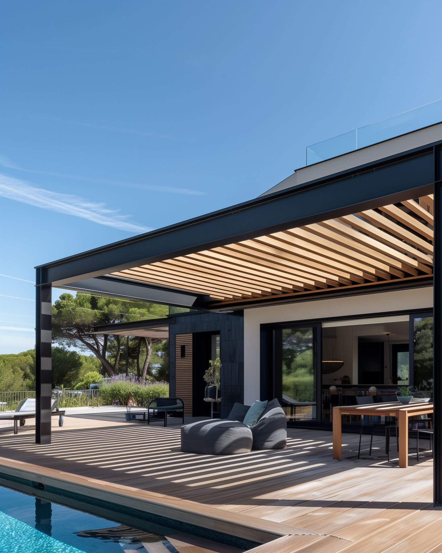 Patio avec pergola, ombres rayées, canapé d'extérieur, table à manger et vue dégagée sur la verdure.