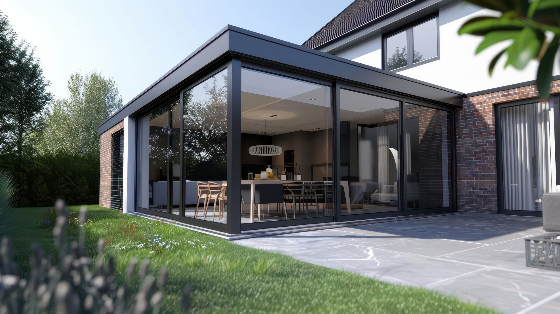 Maison moderne avec de grandes portes-fenêtres donnant sur une terrasse couverte et une pelouse verdoyante.
