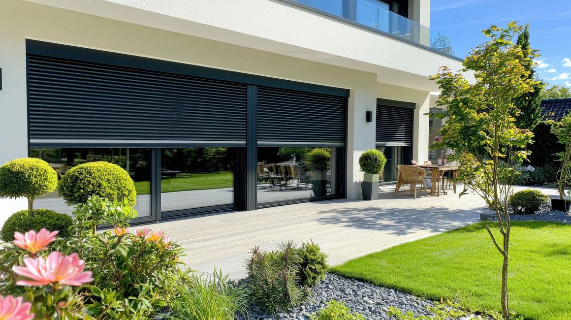 Patio d'une maison moderne avec auvent noir, portes vitrées et jardin paysager baigné de soleil.